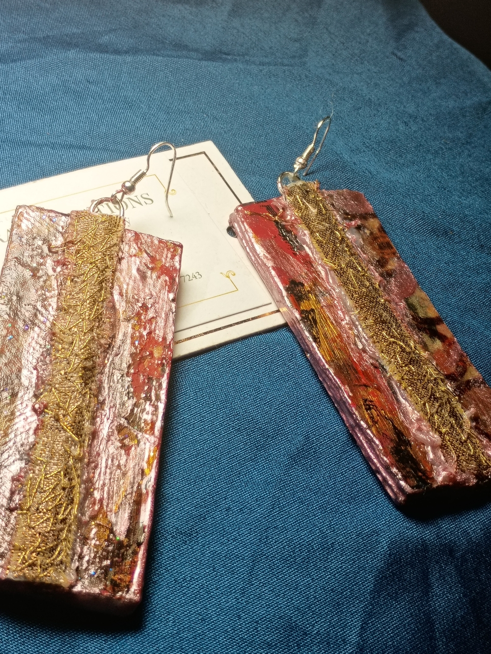 Handcrafted Pink and Gold Rectangular Drop Earrings